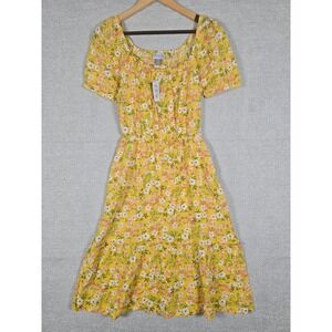 NWT The Place Yellow Floral Print Square Neck Tiered Midi Dress Adult Size XS